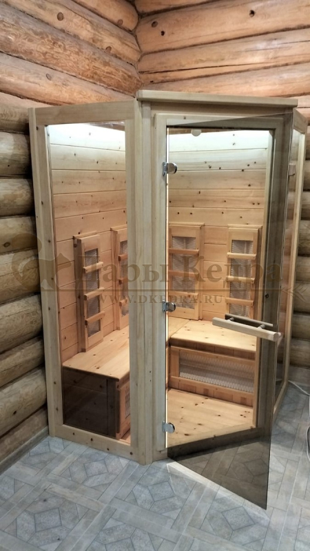 Двухместная угловая инфракрасная сауна кабина из кедра и липы с керамическими излучателями
